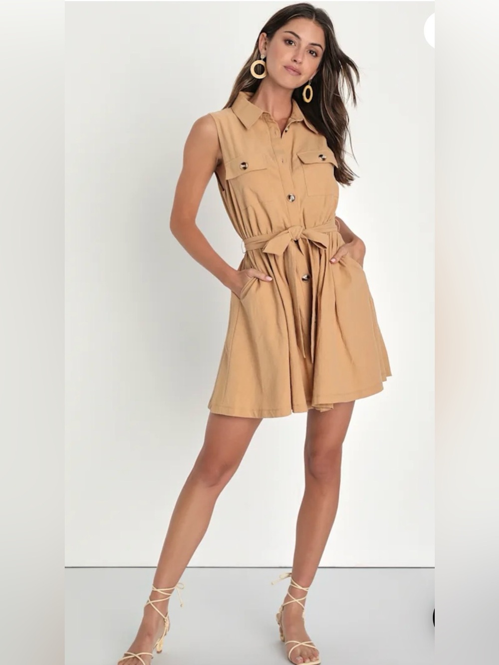 Tommy‎ Hilfiger women’s XS Sleeveless Tie-Waist Shirt Dress in Camel